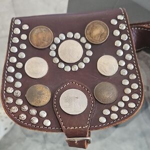 Vintage Coin-Embellished Brown Leather Belt Bag